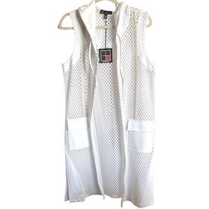 CARRE NOIR Women's White Mesh Vest Swimwear Hood S/L Sparkle Small/Petite NEW